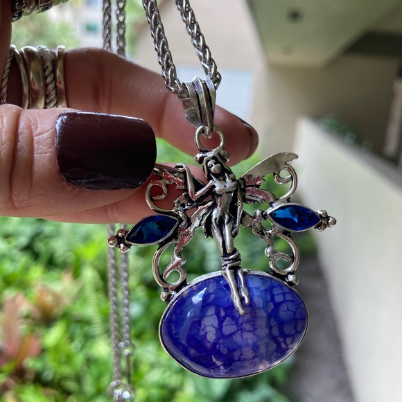 925 sterling silver overlay fairy charm blue Sapphires & agate gems necklace - Picture 9 of 14